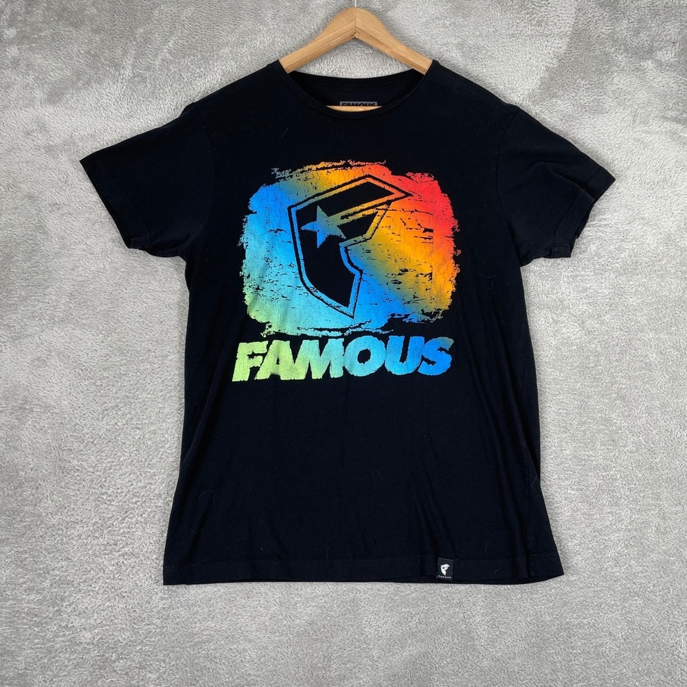Famous Stars and Straps Shirt Mens Medium Black Rainbow Logo Skate Streetwear
